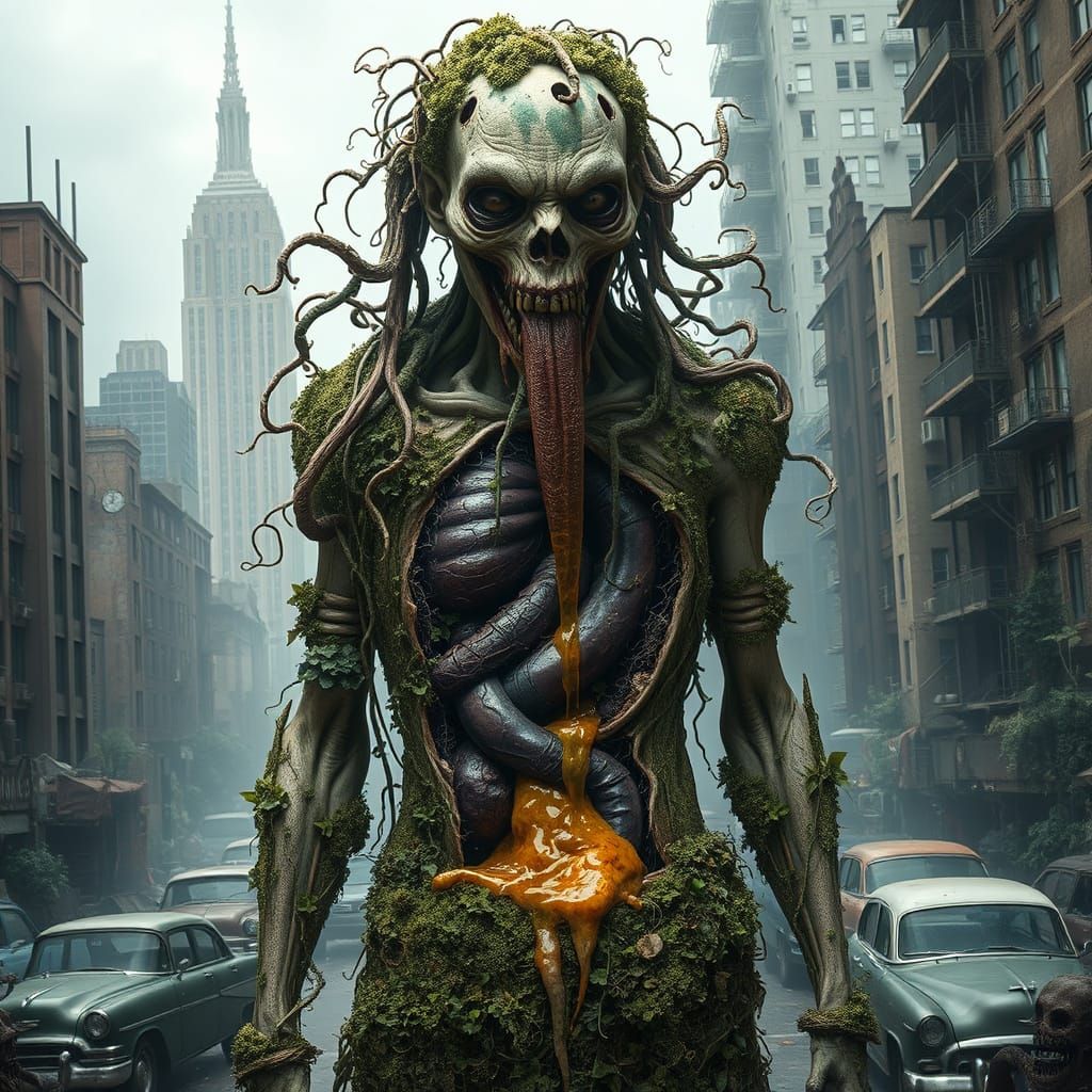 Decaying Figure Consumed by Organic Growth in a Ruined Metro...