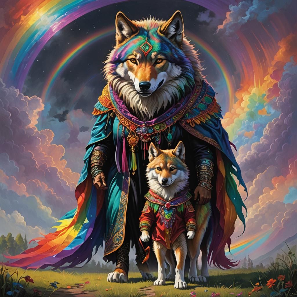 A hyperrealistic depiction of a Gothic wolf  mother and child, of Hispanic descent and South Asian descent respectively,...