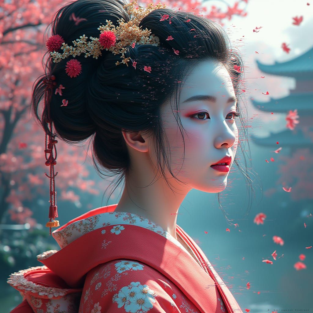 Geisha Portrait Dissolving into Digital Noise in Glitch Art