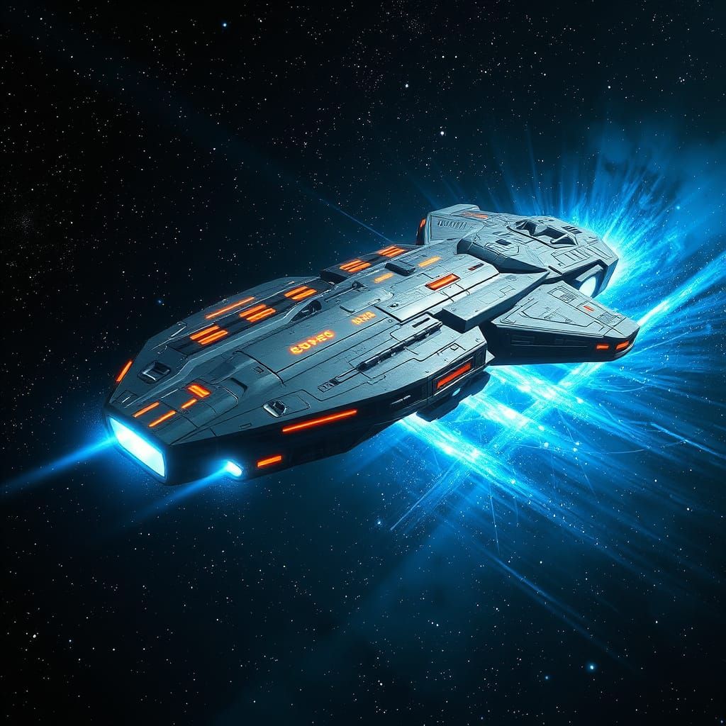 Futuristic Starship Initiates Warp Jump in Deep Space