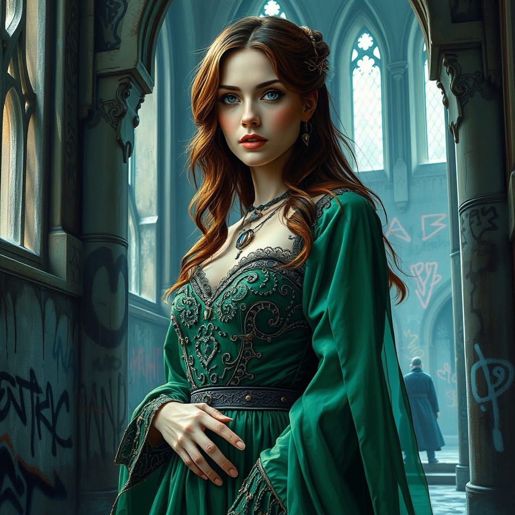 Medieval Woman in Quantum Castle, Polychromatic Futurism