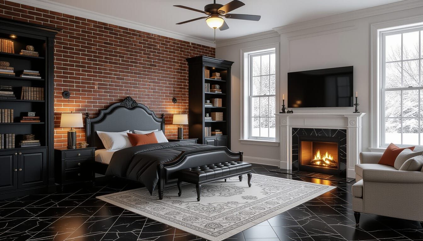 Victorian Bedroom with Fireplace and Snowy Views