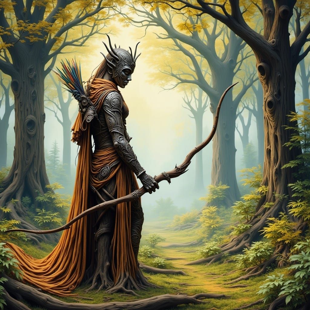 Wood Elf Amidst Vibrant Forest in Earth-Toned Armor