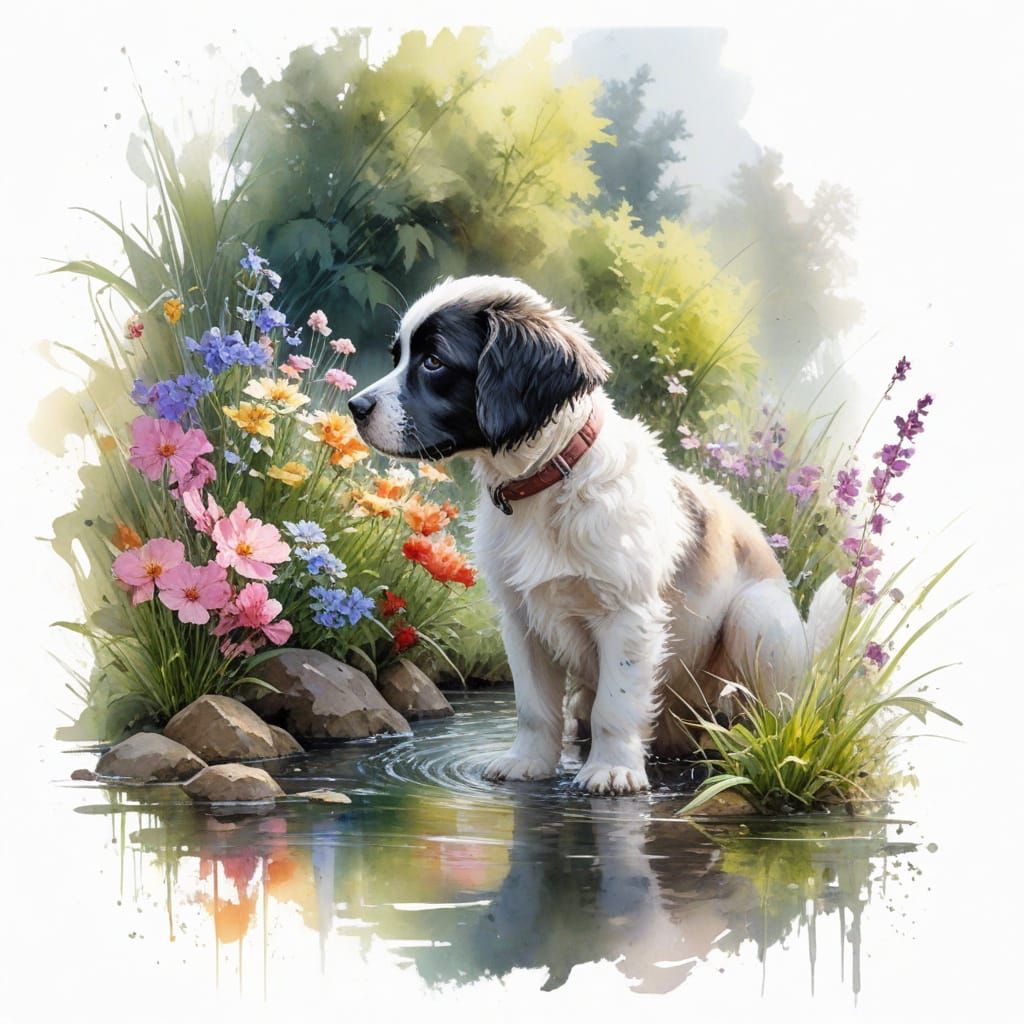 Playful Puppy and Owner in Vibrant River Garden Scene