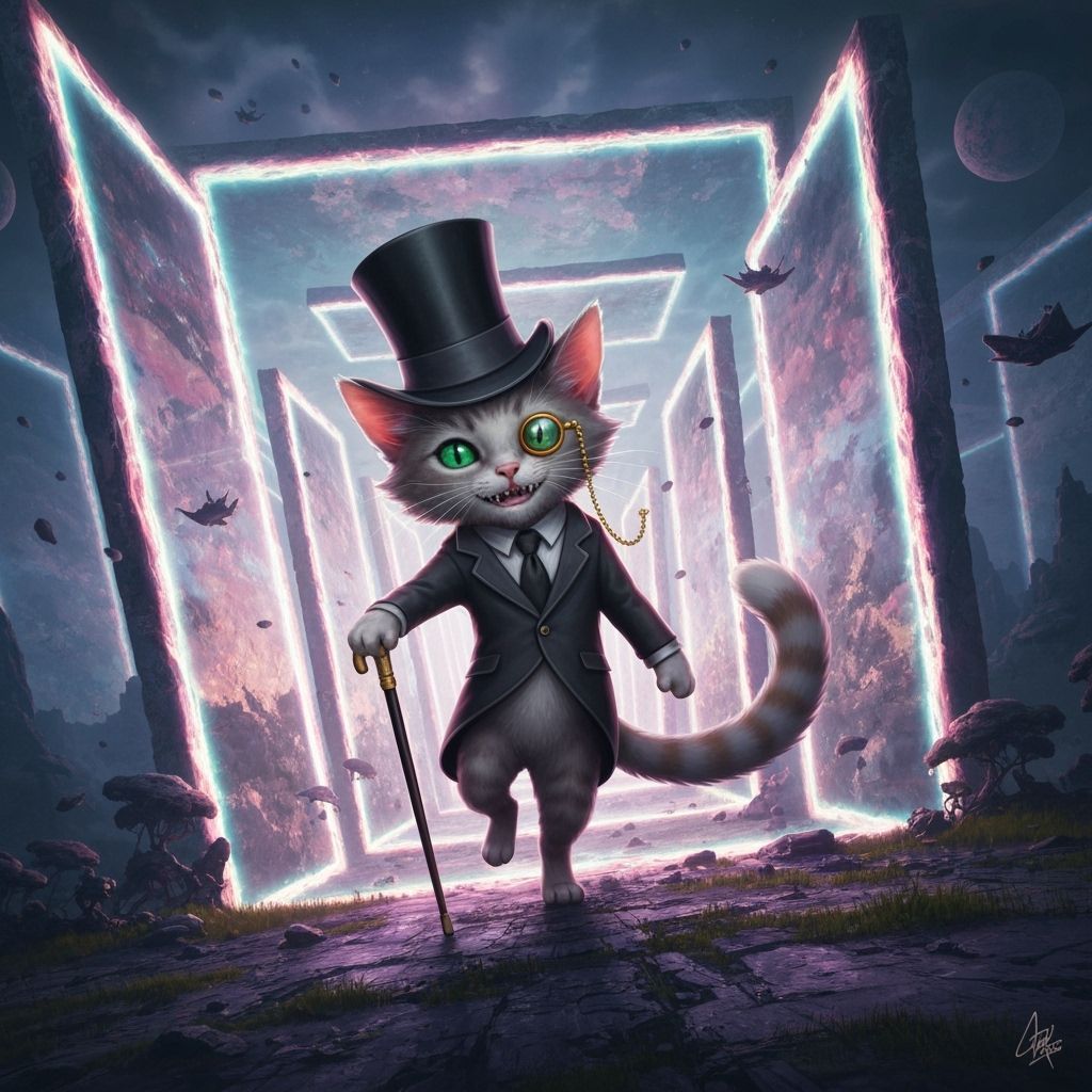 Eldritch Trickster Cat Navigating Dimensional Portals