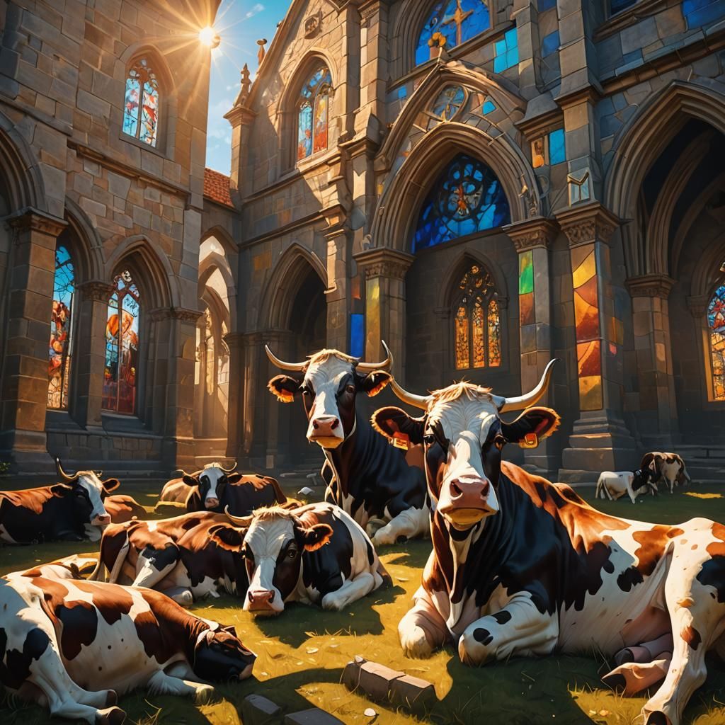 Cows on Church Yard: Vibrant Oil Painting