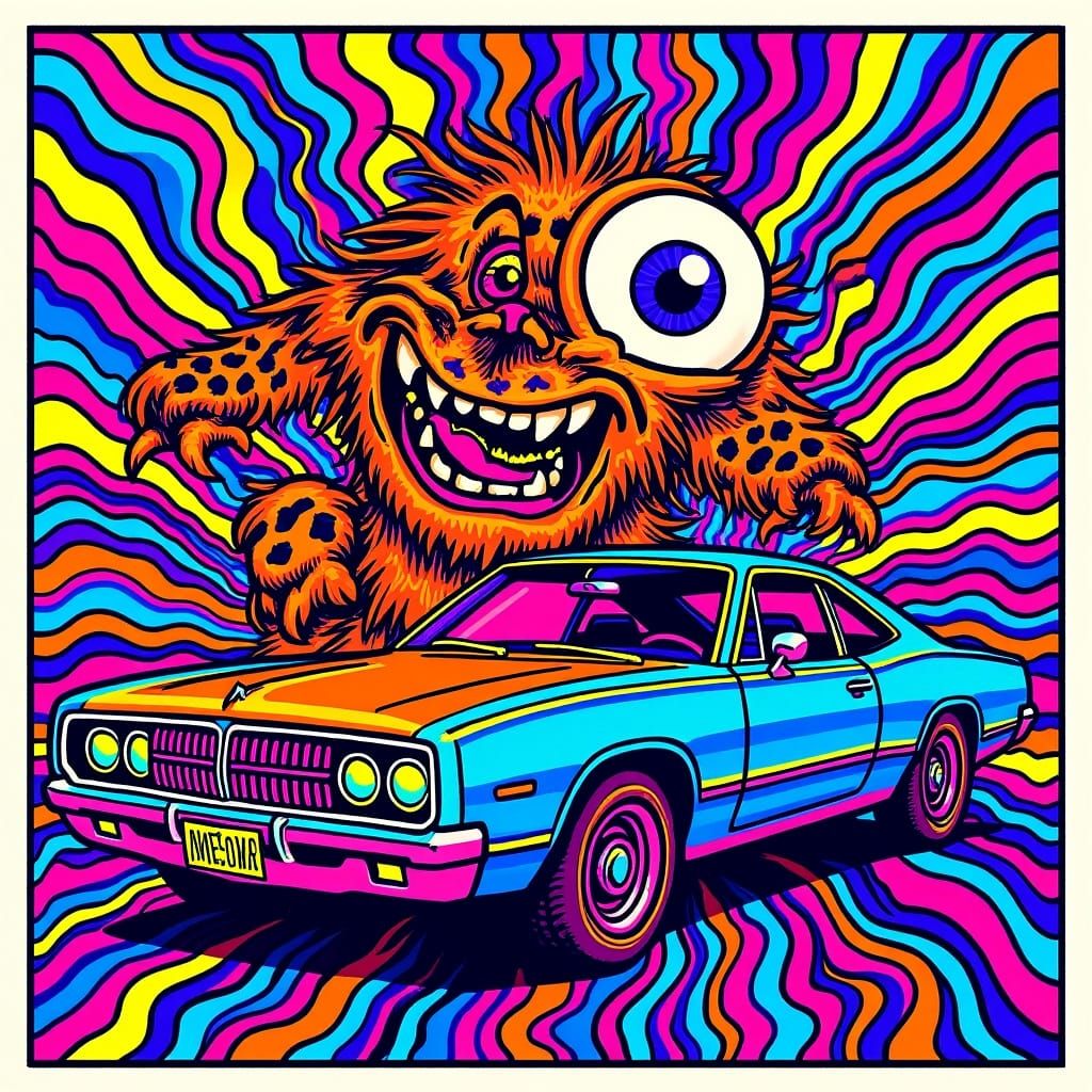 Caveman Drives Dodge Charger in Psychedelic 1960s Style