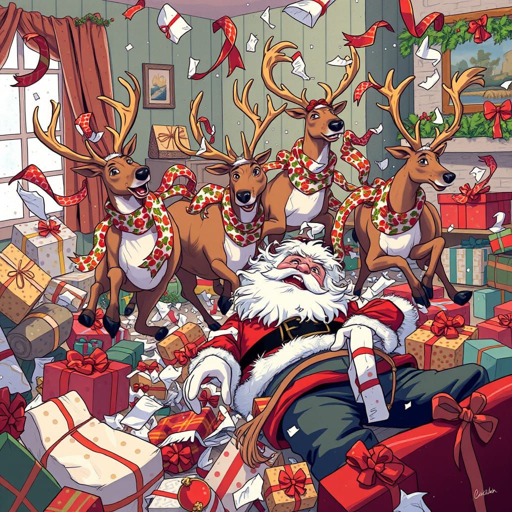 Reindeer in Whimsical Chaos Unwrap Christmas