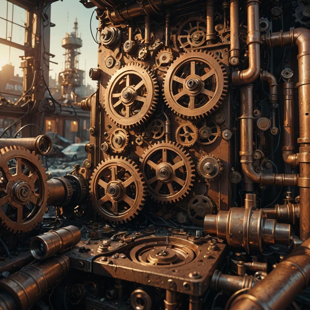 Broken Clockwork Cityscape in Digital Art Style