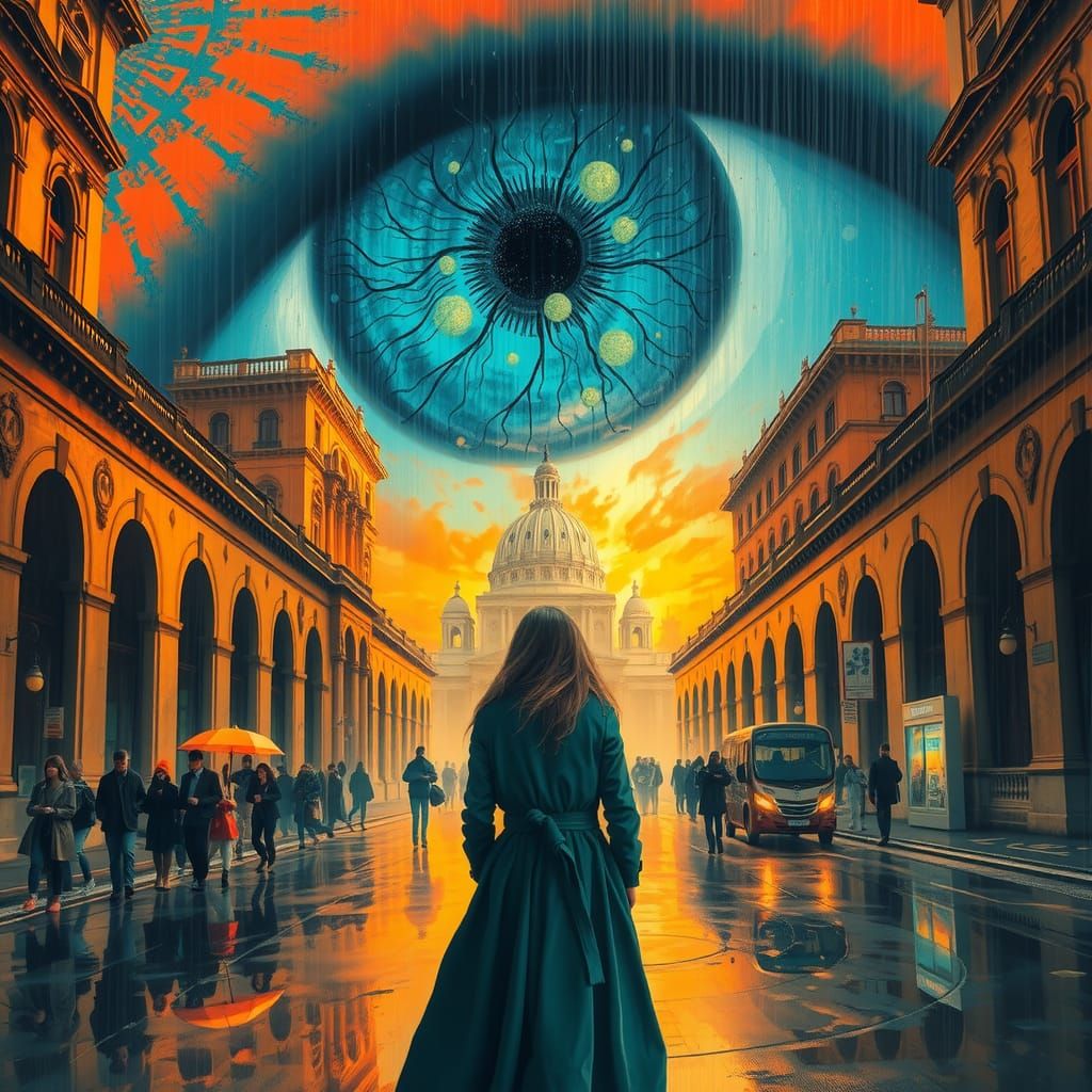 A surreal and captivating urban scene dominated by a gigantic, vividly detailed blue eye superimposed against an orange ...