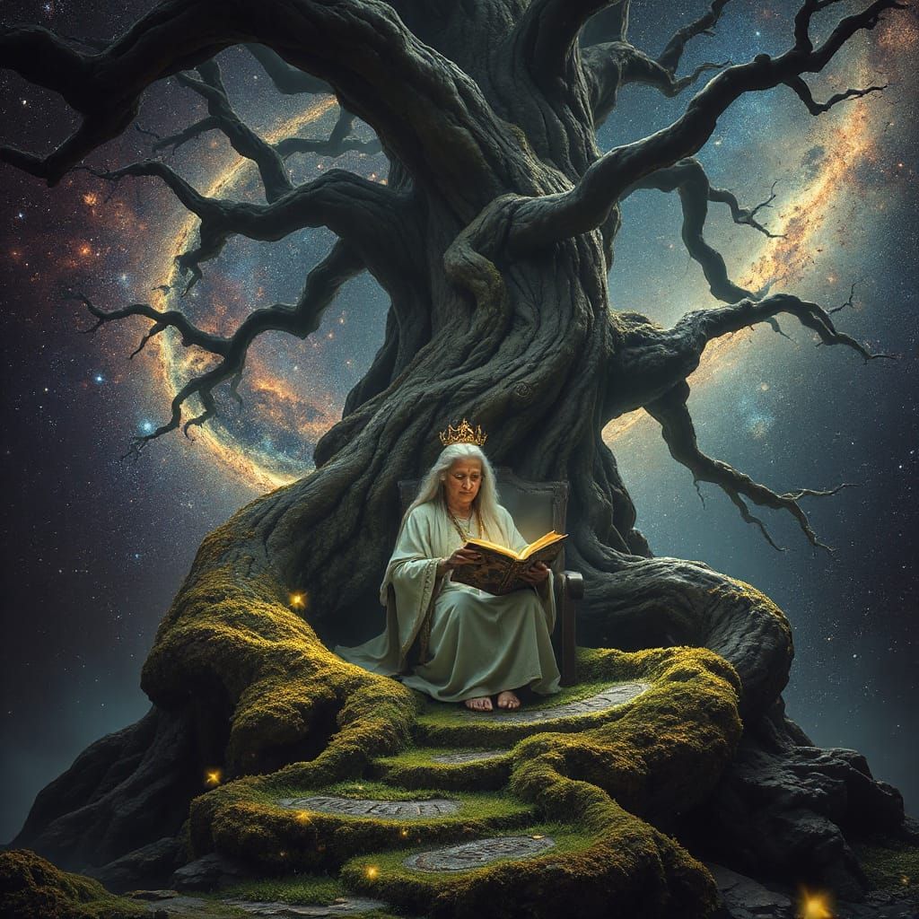Ancient Cosmic Tree with Woman Reading Tome in Magical Reali...