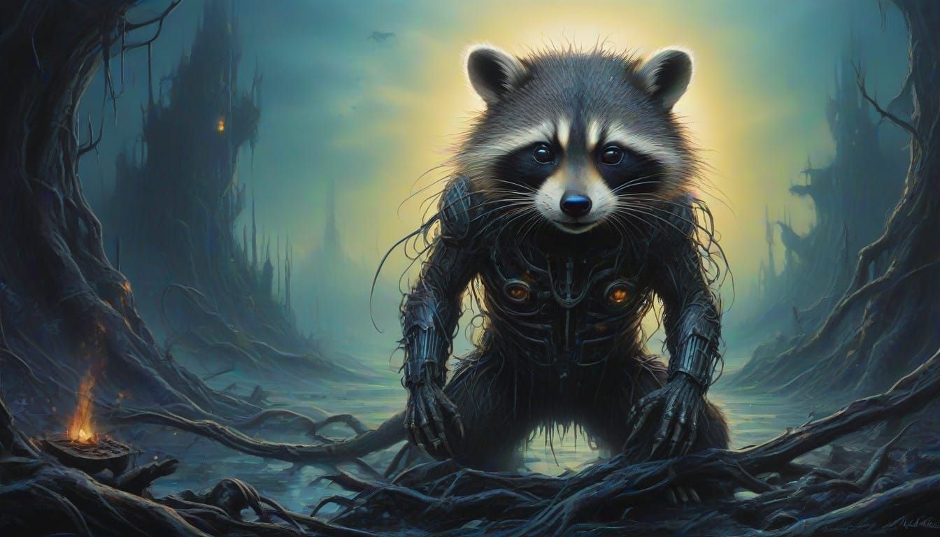 Biomechanical Raccoon Hybrid in a Surrealist Landscape