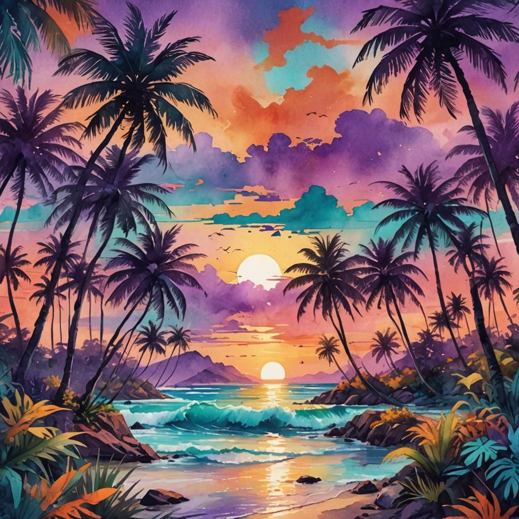Stunning Fantasy Island Sunset: Watercolour and Digital Art