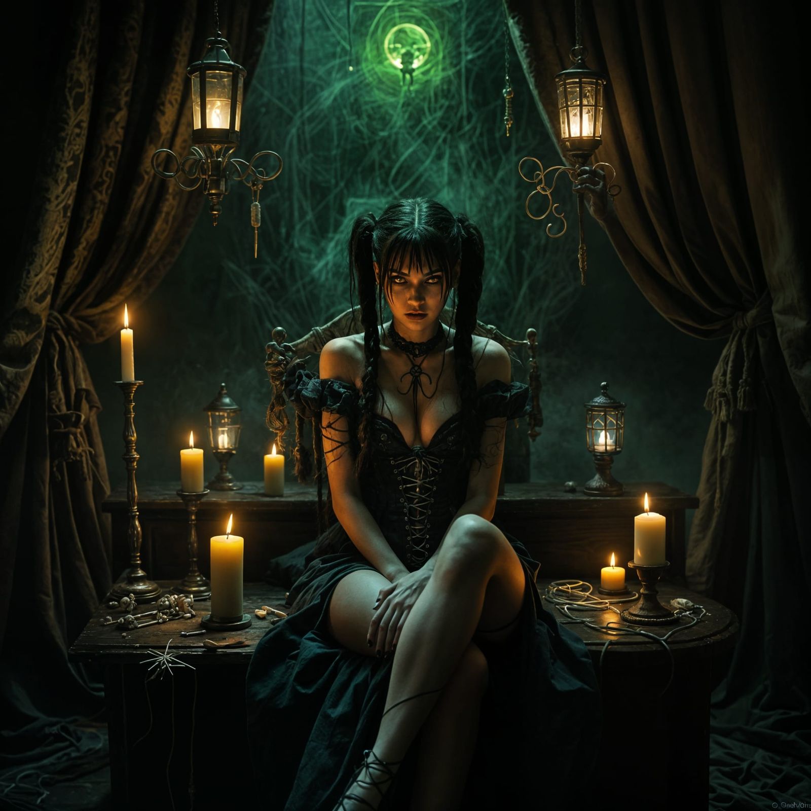 Mysterious Green-Lit Voodoo Doll in Dark Ritual Setting