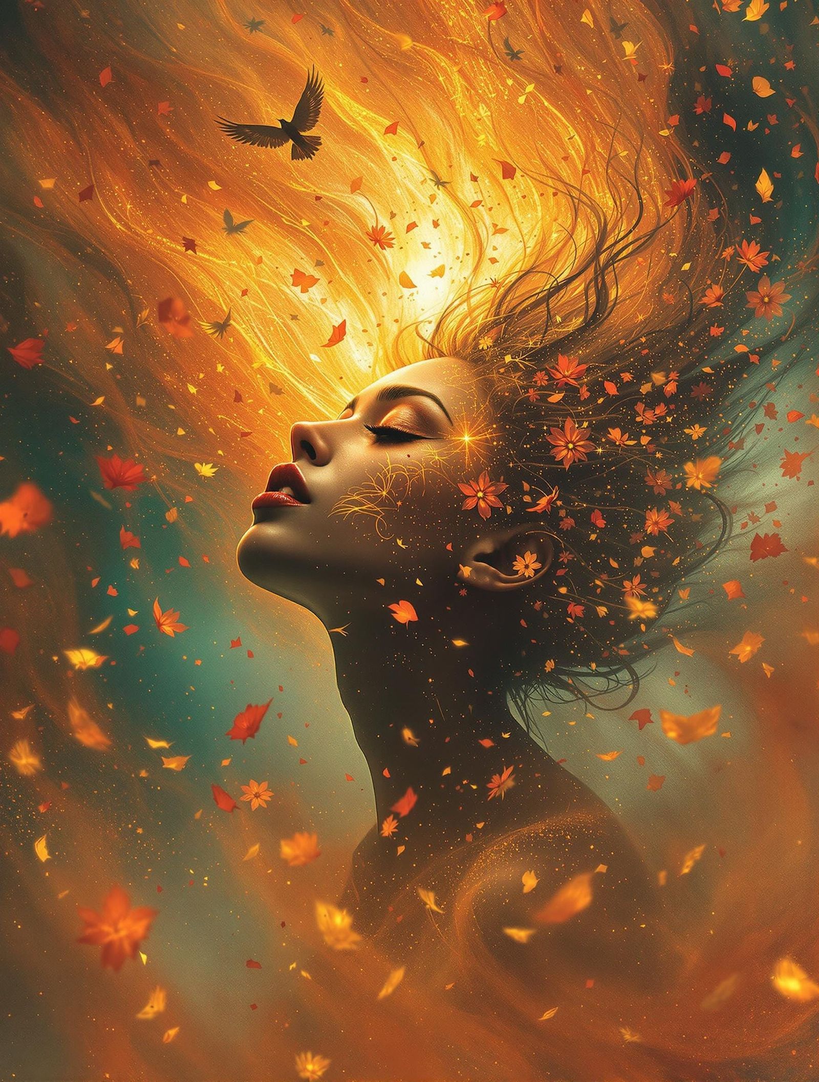 Ethereal South Asian Figure in Whirling Storm of Blooms