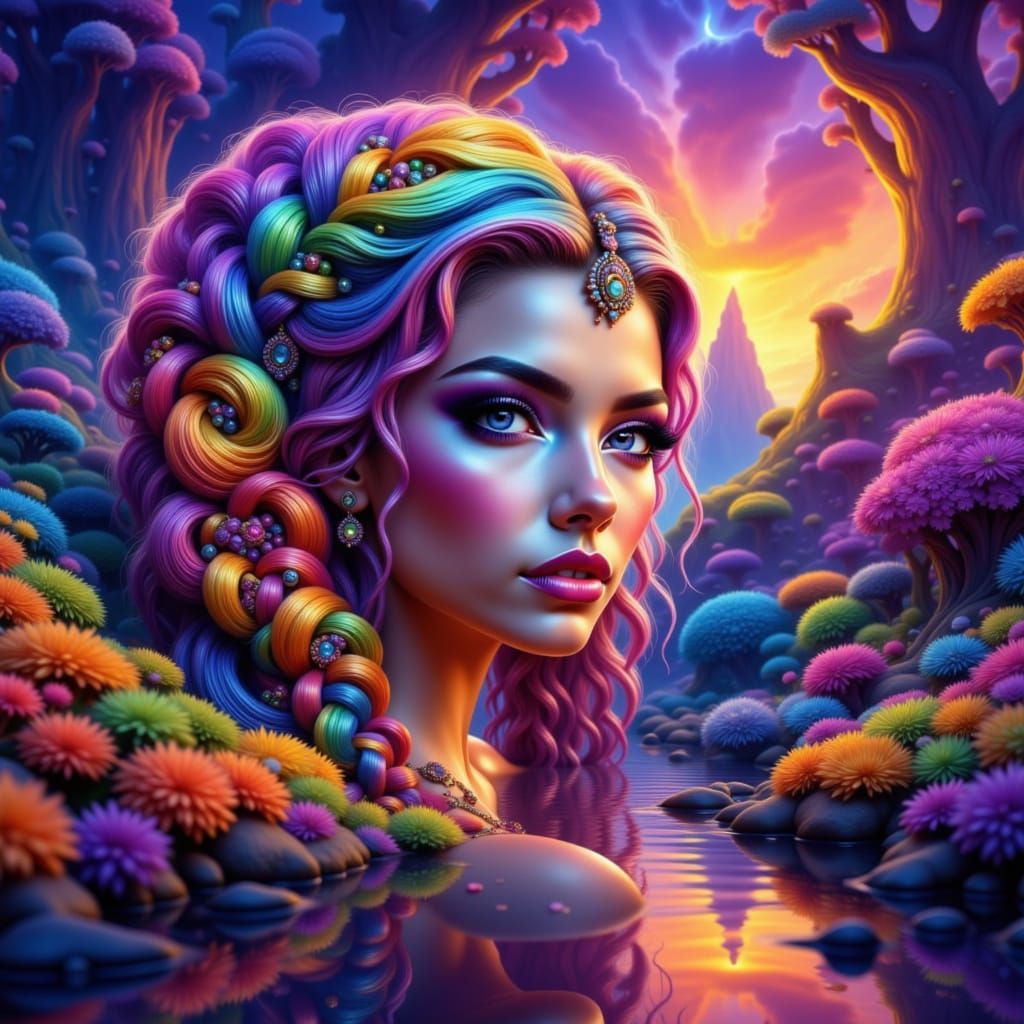 Lilith's Rainbow Braids in a Surreal Dreamscape