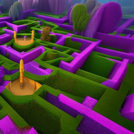 Intricate Violet Hedge Maze in Detailed Digital Painting