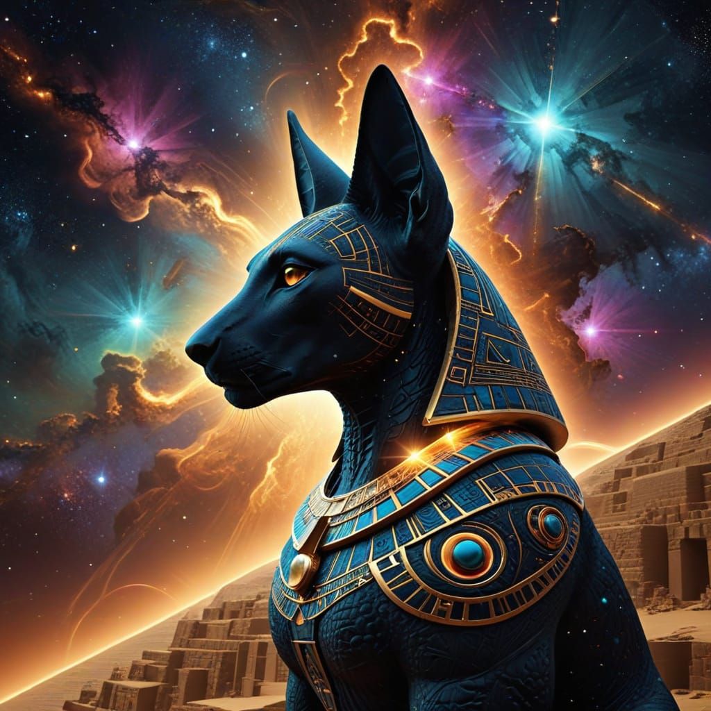 Ancient Egyptian God Anubis in Cosmic Splendor with Sacred G...