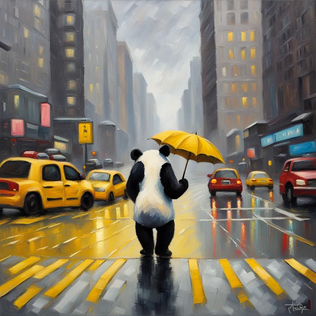 Sad Panda in Rainy New York, Expressionist Oil Painting