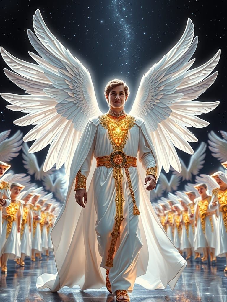 Archangel Leads Heavenly Host in Hyperrealistic Style