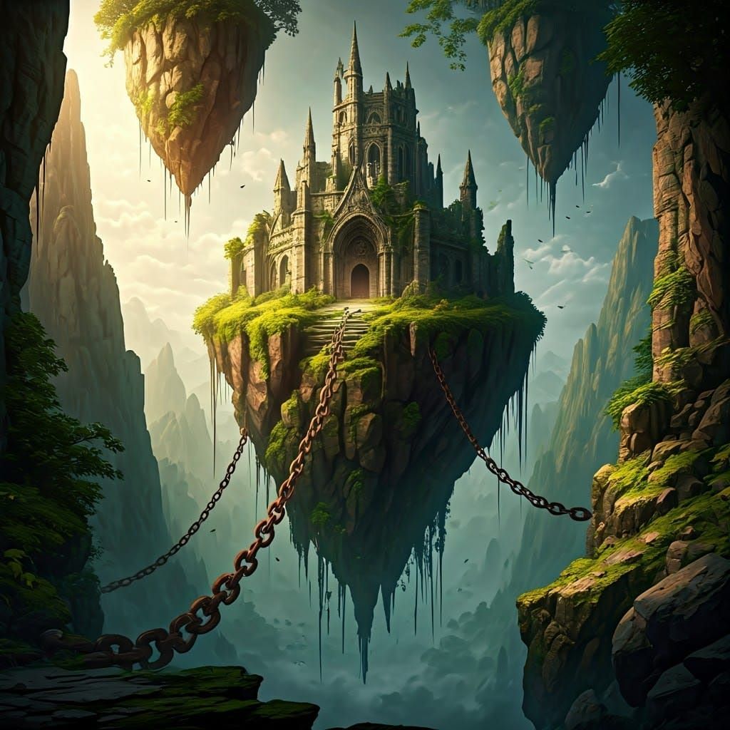 Floating Island Castle Anchored in Fantasy World