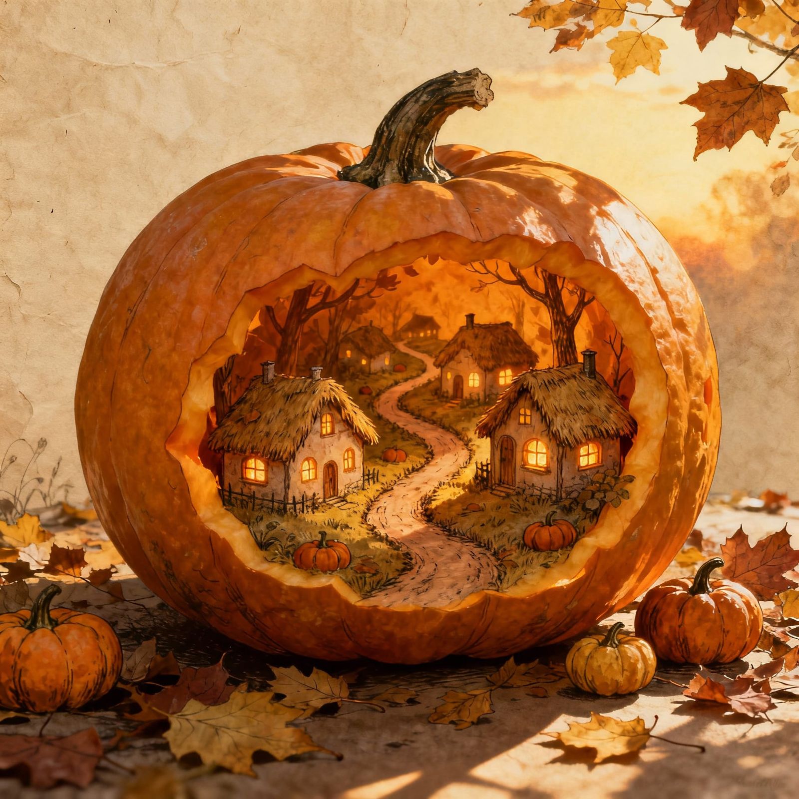 Whimsical Autumn Village Inside Jack O'Lantern