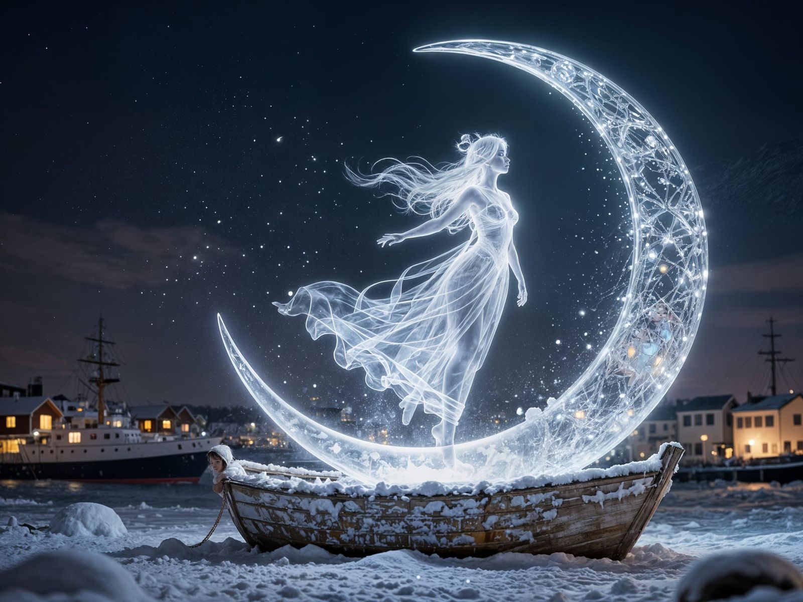 Snow Maiden on Crescent Moon Over Glowing Harbor