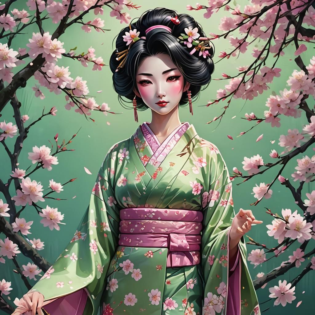 Anime Geisha in Green Kimono with Pink Flowers