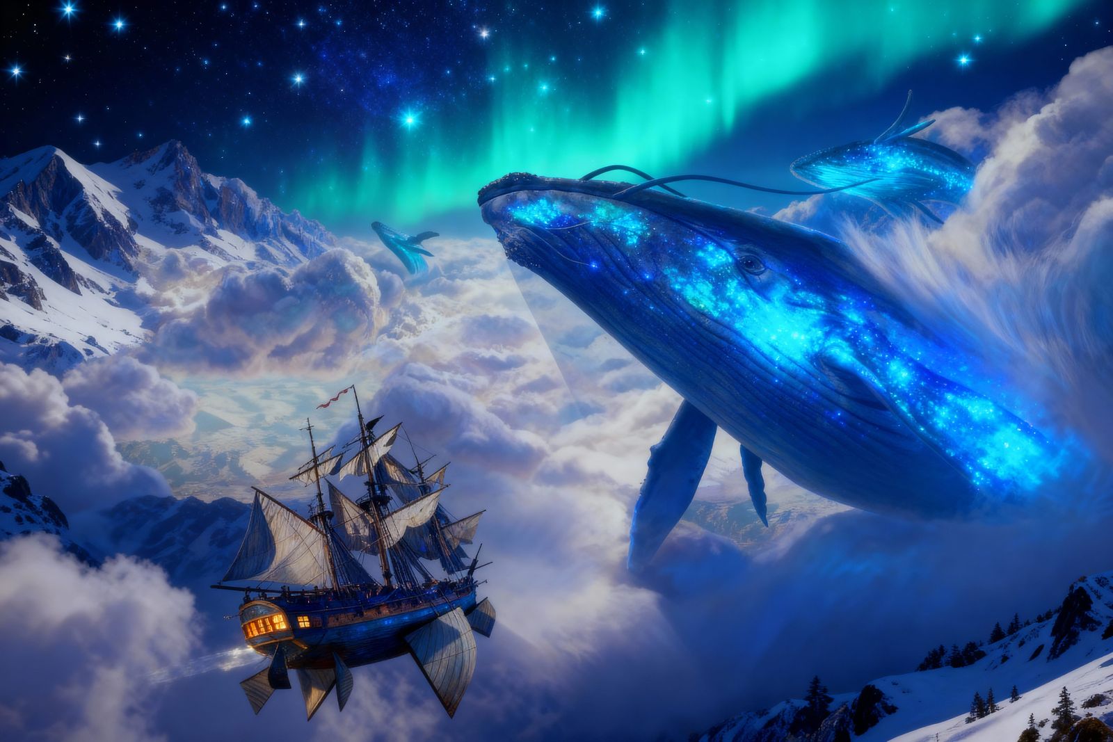 Epic Sailship Meets Whales in Starry Sky