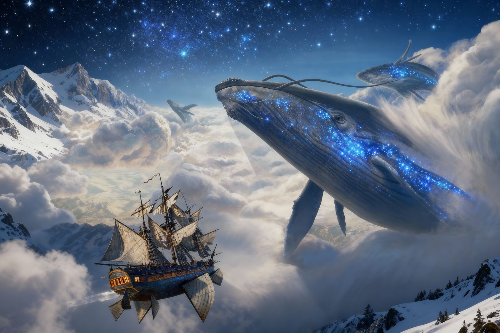 Epic Sailship Meets Sky Whales in Starry Sky