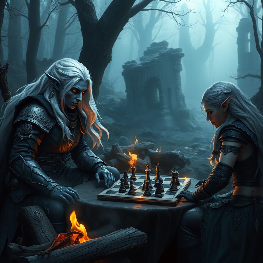 Mysterious Drow Warrior Engages in Chess by Campfire