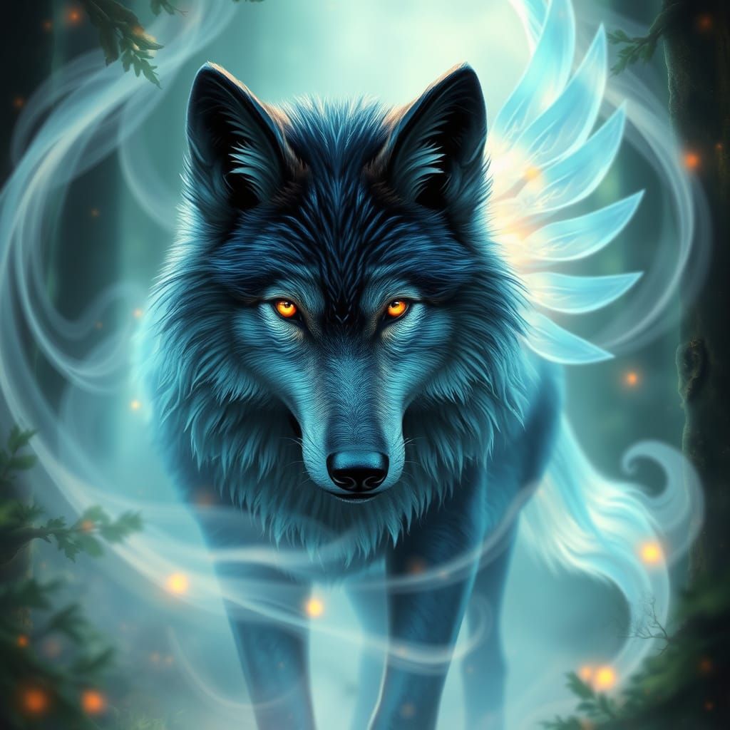 Mythical Wolf with Iridescent Fur and Ethereal Wings