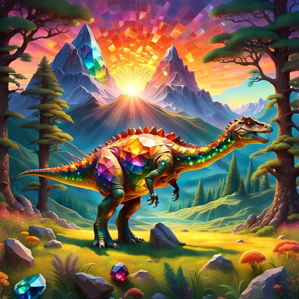 Gemstone Dragon in Vibrant Sunset Landscape