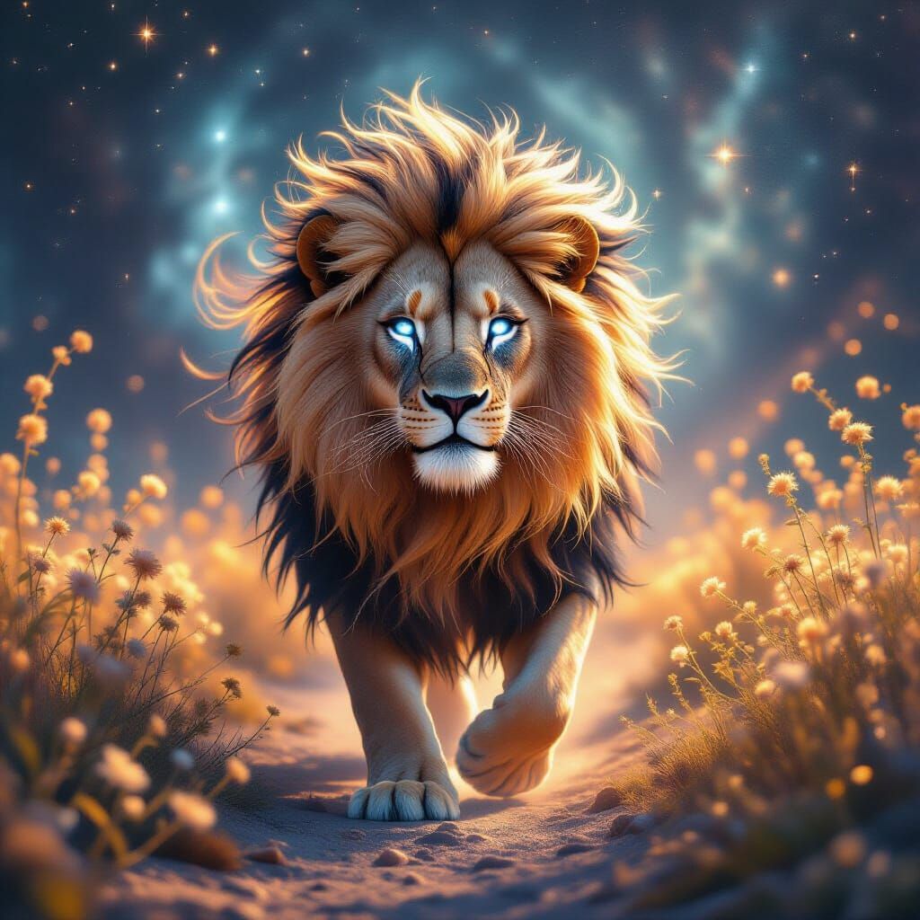 Celestial Lion with Nebulae Mane in Ethereal Landscape