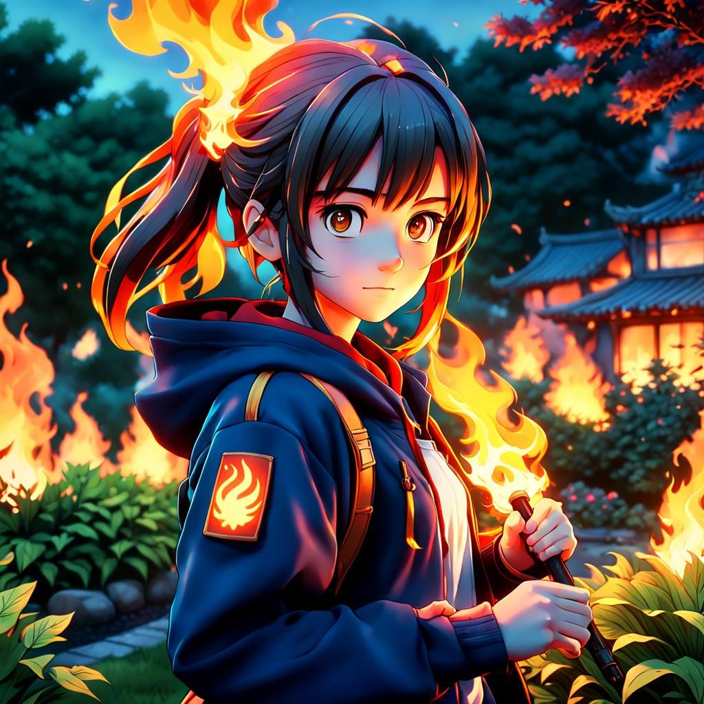 Pyro Anime Waifu in Serene Garden, Cel-Shaded Style