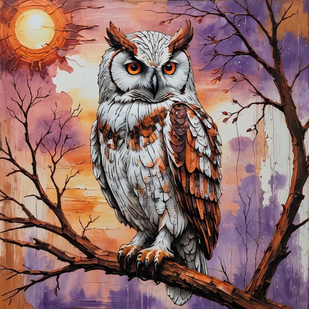 White Owl at Sunset in Impasto Style