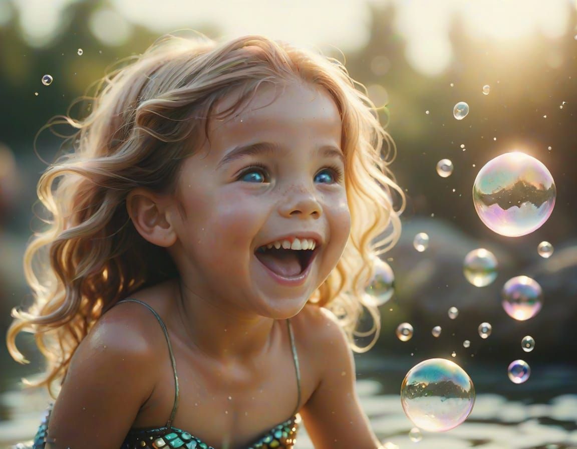 Laughing Mermaid Child in a Sea of Bubbles