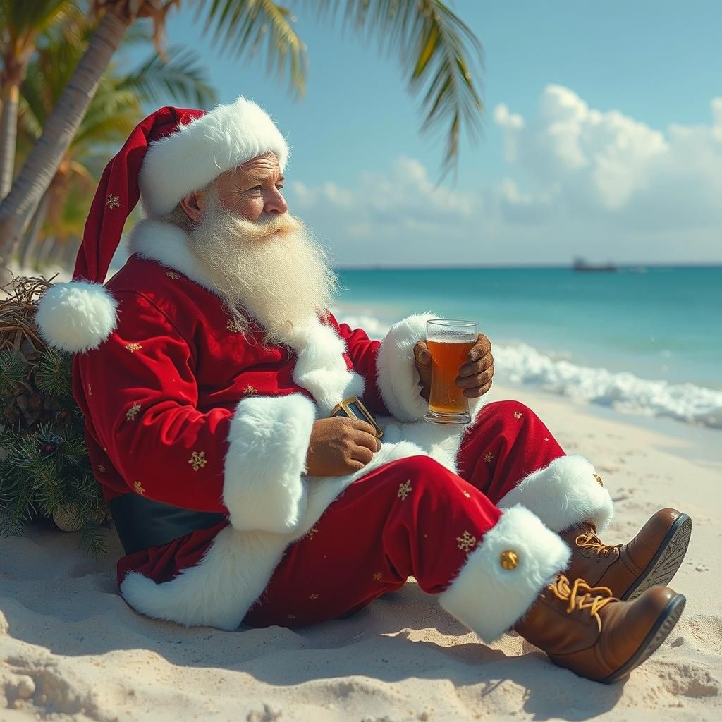 Santa Claus Chilling on a Tropical Beach