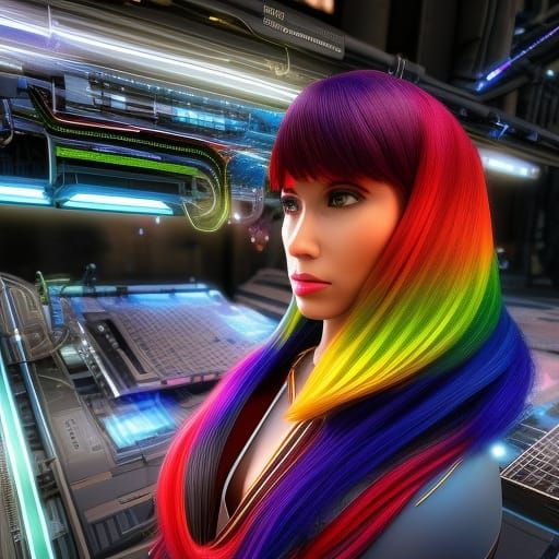 Cyborg Woman with Rainbow Hair in Cyberpunk Style
