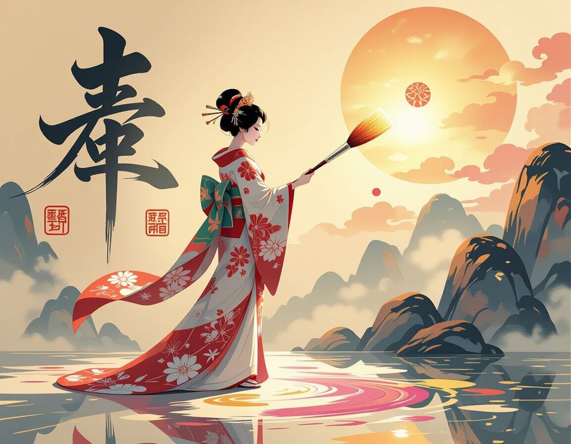 Japanese Princess Dancing with Paintbrush in Airbrush Art