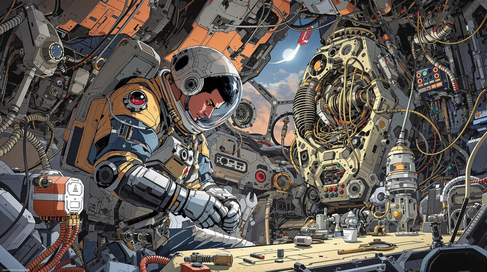 Cyberpunk Space Suit Mechanic in Anime Masterpiece Style