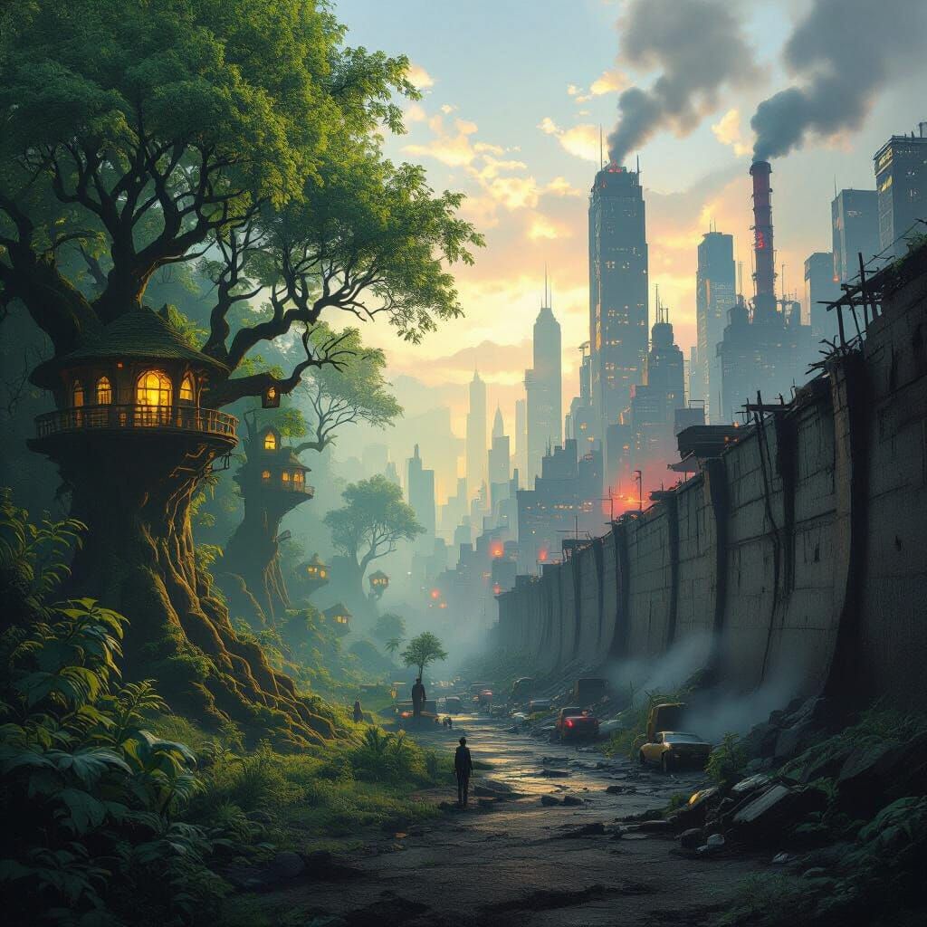 Ancient Forest vs Dystopian City: A Stark Visual Contrast