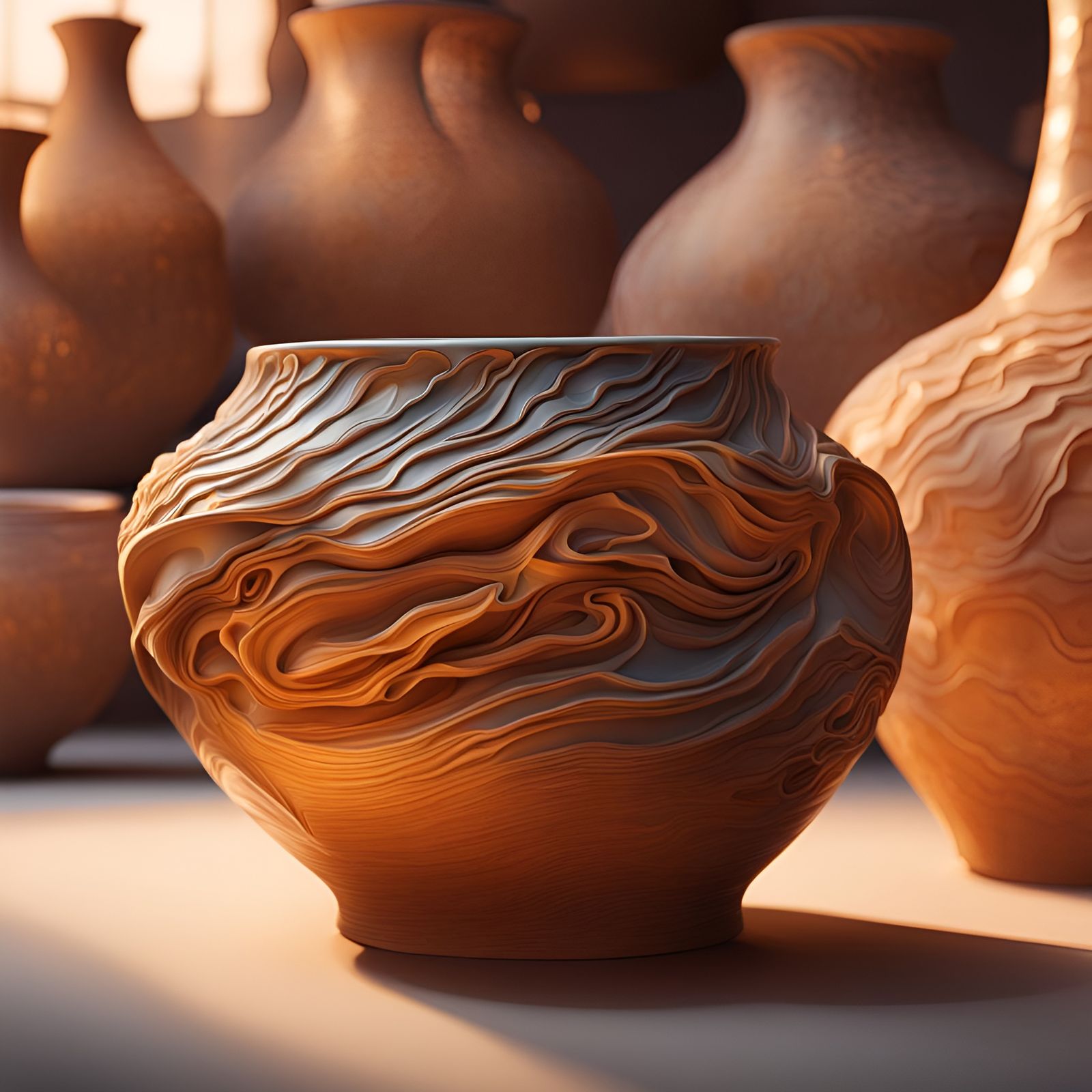 Hyper-Realistic Abstract Pottery in Golden Hour