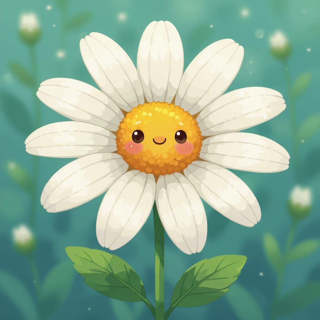 Anime Daisy Character with Leafy Limbs in Pastel Hues