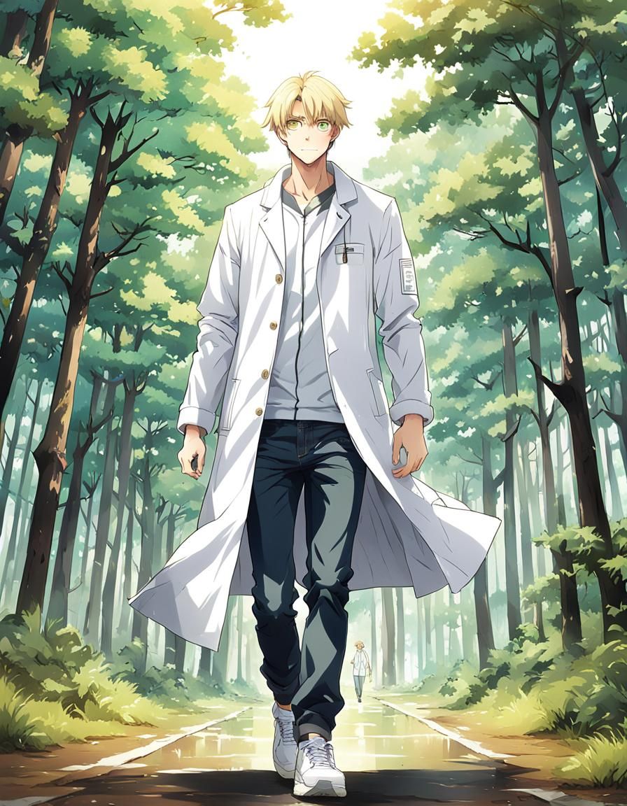 Man in Lab Coat in Forest, Anime Art