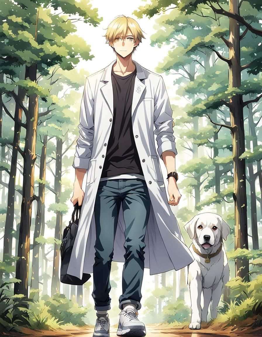 Blond Man in Lab Coat in Anime Style
