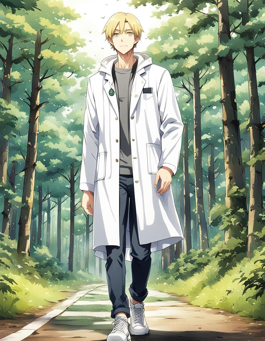 Anime-Style Man in Lab Coat in Forest
