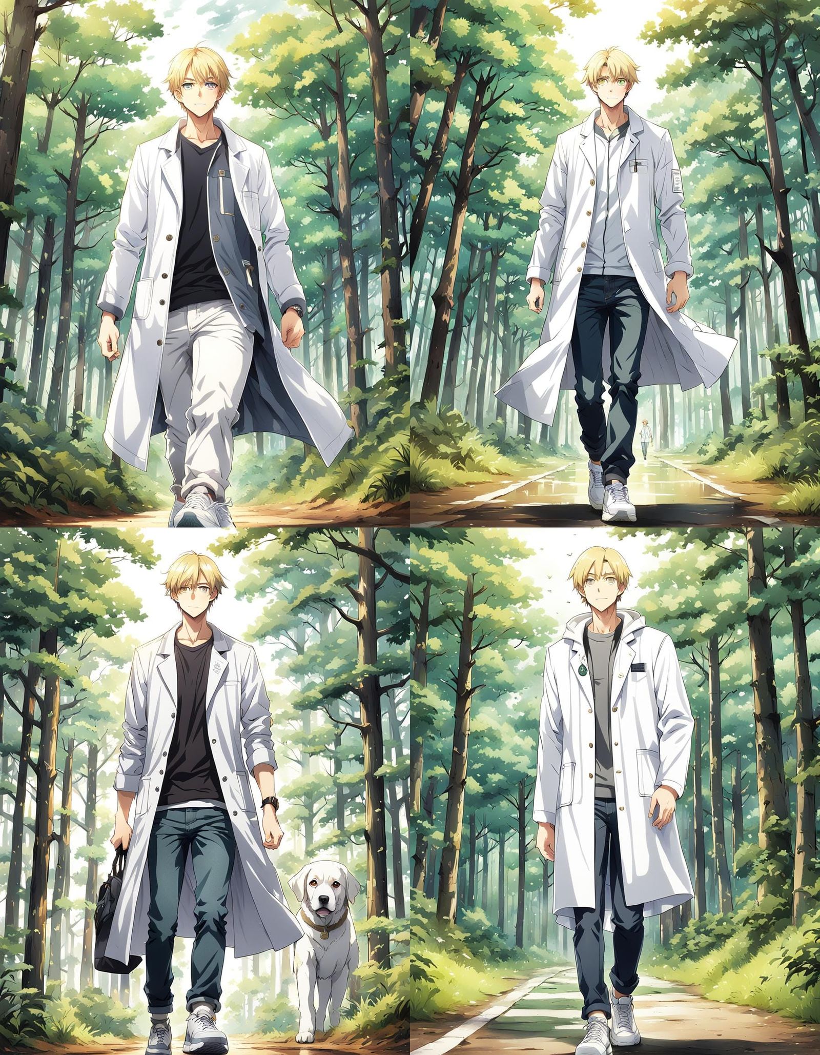 Man in Lab Coat in Forest, Anime Style