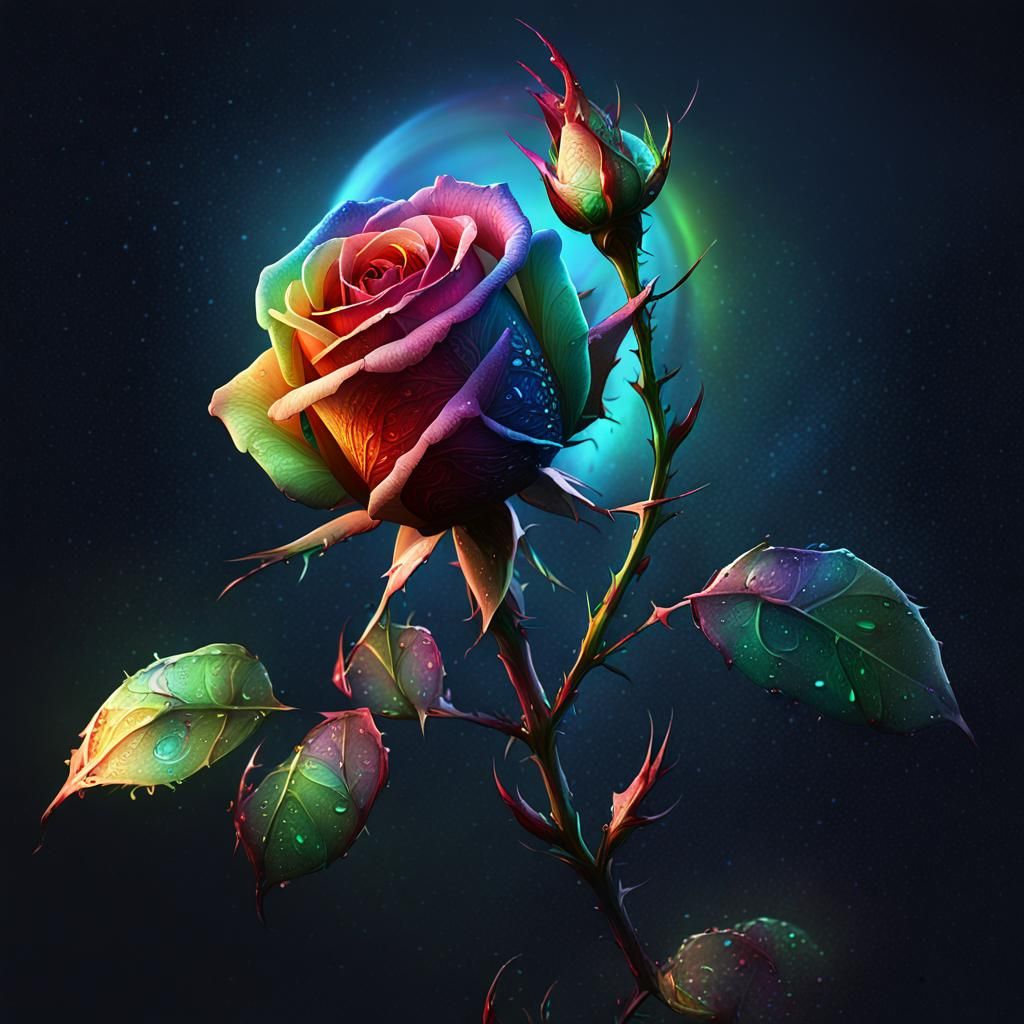 Glowing Rainbow Rose in Dark Fantasy Style