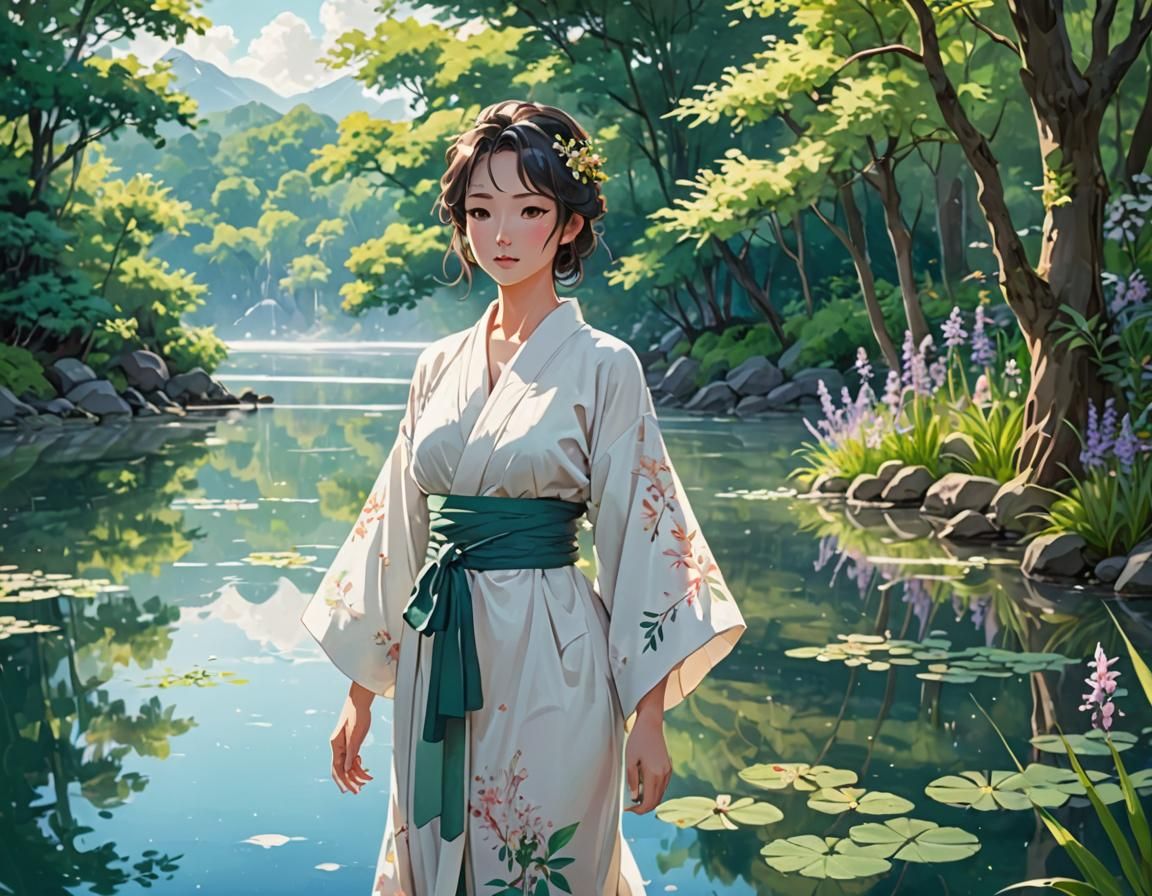 Gentle Maiden by Lake: Anime Style Digital Painting